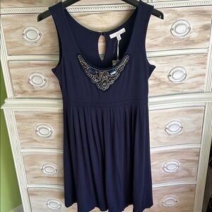 Lucy & Laurel Navy Embellished Neckline Top